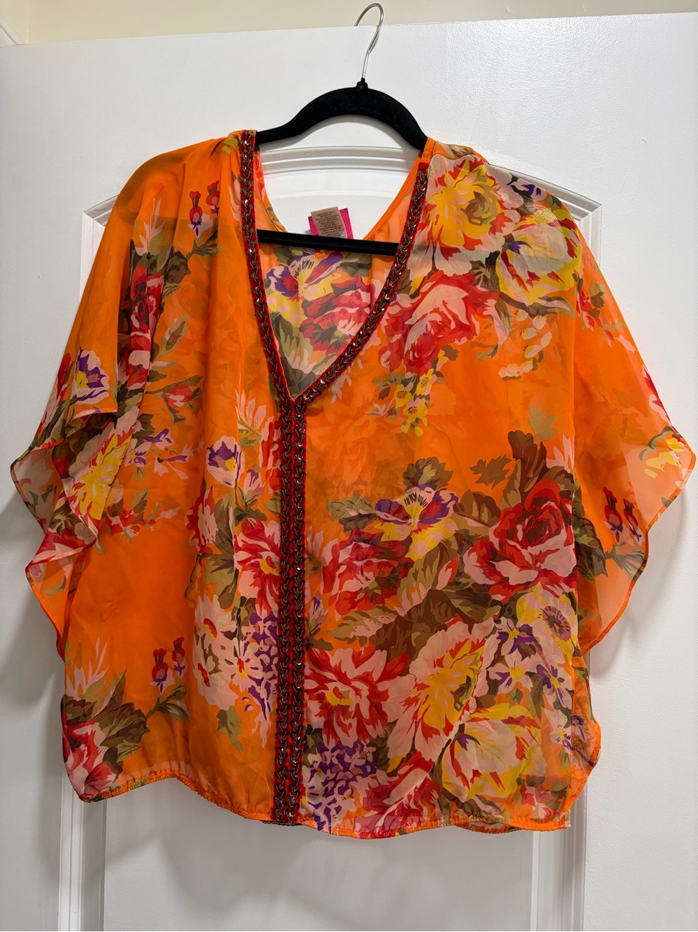 Free People Orange Floral Sheer Genius Beaded V-Neck Boho Top